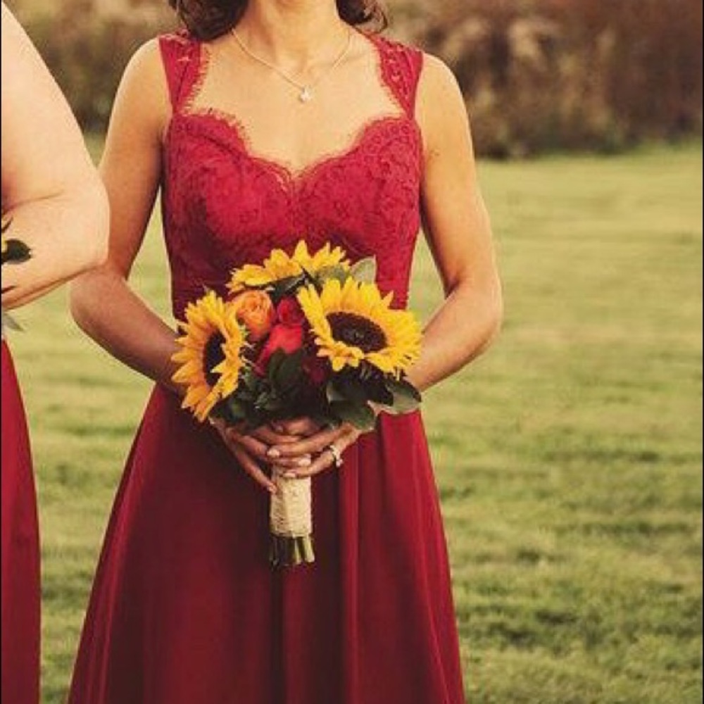 Full length gown in cranberry red, lace bodice!